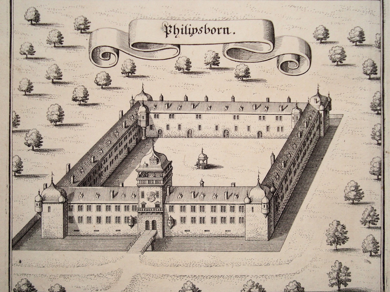 Jagdschloss Philippsborn – Photo: aus: Zeiller, Martin: " Merian, Matthaeus :Topographia Palatinatus Rheni ..." (1645 [i.e. wohl 1672])